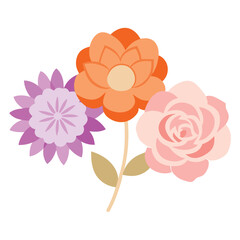 Three stylized flowers in pastel colors on white background