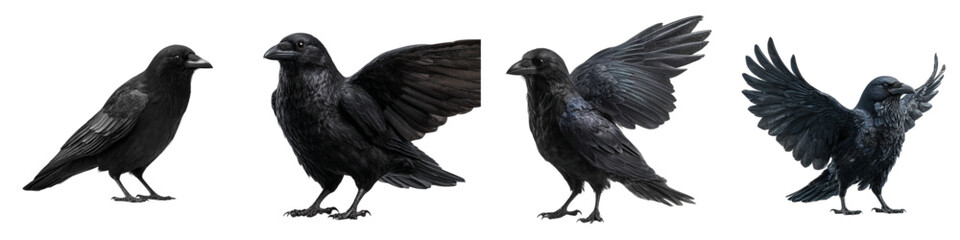 Animated set of crow poses showcasing flight and perching, perfect for Halloween designs or nature illustrations for spooky themes or wildlife projects, symbol of mystery and magic