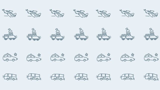 Seamless Pattern of Doodle Transportation Icons with Plane Train Car and Bus