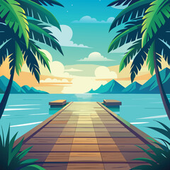 Tropical Pier at Sunset with Palm Trees ocean