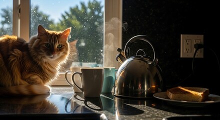 orange cat sitting by the window enjoying the morning sunlight with hot tea toast and kettles illustrating cozy domestic scene