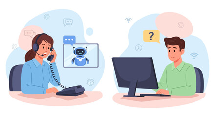 customer support assistance with chatbot woman on call man confused at computer illustrating ai help desk and customer service solutions.