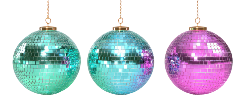 Three oval disco ball ornaments in green blue and pink isolated on transparent background