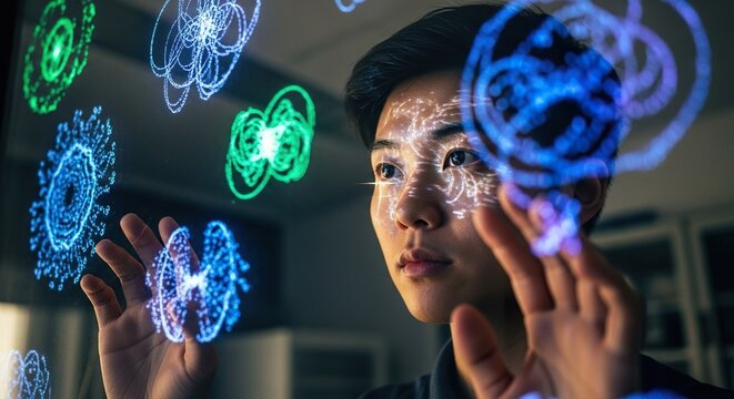 A hyper-realistic portrait of an Asian quantum physicist analyzing glowing particle simulations on a transparent screen. Dim light, sharp focus, 8K photography.