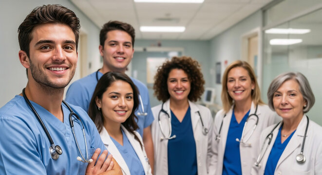 Diverse medical team smiling confidently in hospital hallway healthcare staff