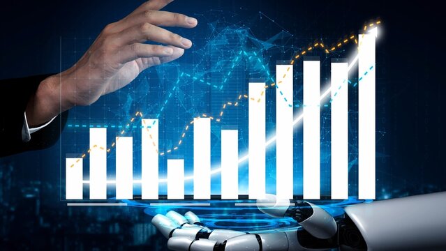 A futuristic image illustrating business growth with a robot hand presenting a digital graph. The design symbolizes innovation, technology, and data-driven success in modern industries. Copula