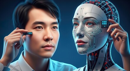 A hyper-realistic portrait of an Asian emotion AI designer programming empathy circuits on a humanoid face. Soft light reflections, curious tone