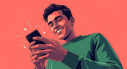Man excited using smartphone app checking social media feed on his mobile device in a modern style ideal for tech blogs  marketing material