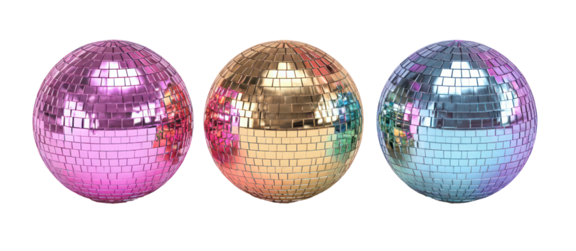 Three oval disco balls reflecting light isolated on transparent background - Powered by Adobe