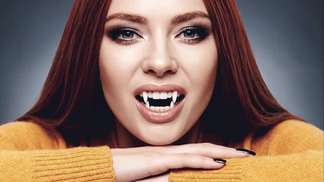 Red-Haired Vampire Woman in Yellow Jumper Resting Head on Hands Revealing Fangs Close-Up