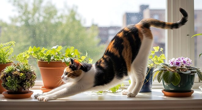 cat stretching on windowsill with plants enjoying sunlight creating a cozy indoor atmosphere ideal for home decor and pet care blogs
