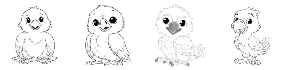 Adorable cartoon baby birds in various poses perfect for children's books or educational resources, charming illustrations of cute feathered friends, expressive and playful