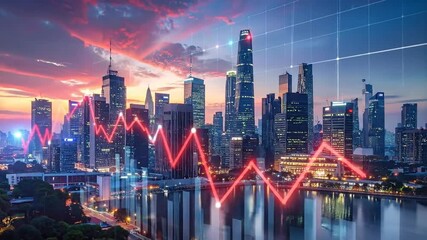 Dramatic cityscape with financial data overlay depicting economic decline at dusk - Powered by Adobe