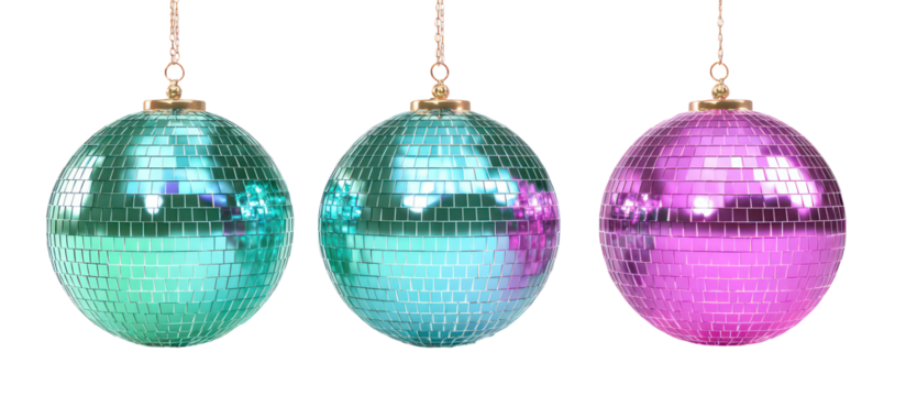 Three oval shaped glass christmas ornaments isolated on transparent background