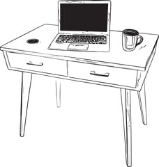 Single line drawing of office desk setup with laptop and coffee mug, vector outline, minimal black on white,