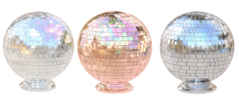 Three iridescent glass egg ornaments isolated on transparent background