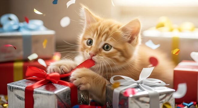 Two cute cats wearing party hats under “Happy Birthday” banner, joyful celebration, colorful balloons, high-quality stock photo - Powered by Adobe