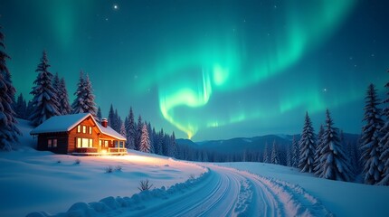 aurora borealis illuminating a cozy cabin in a snow-covered winter wonderland escape