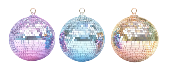 Three oval disco ball ornaments isolated on transparent background