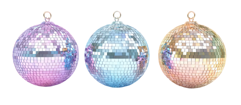 Three oval disco ball ornaments isolated on transparent background