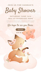 Watercolor baby shower cute animal little fox baby girl boy poster template card invitation