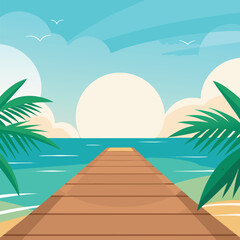 Wooden Pier Leading to the Ocean at Sunset with Palm Trees