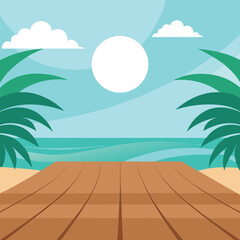 Wooden Pier on Sandy Beach with Tropical Palm Trees and Sun Keywords: beach, ocean, sea, pier