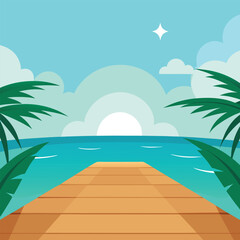 Wooden Pier on Tropical Beach with Palm Trees and Sunrise Keywords: beach, ocean, sea, pier