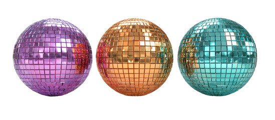 Three disco balls in purple orange and teal isolated on transparent background
