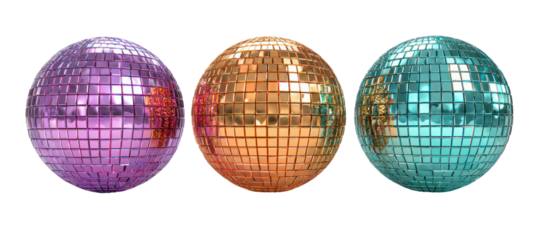 Three disco balls in purple orange and teal isolated on transparent background