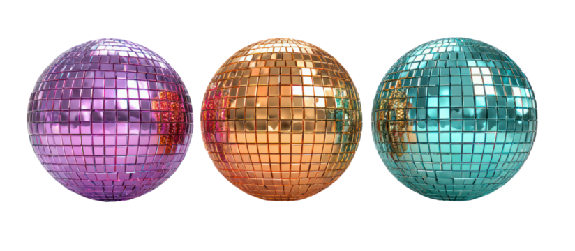Three disco balls in purple orange and teal isolated on transparent background