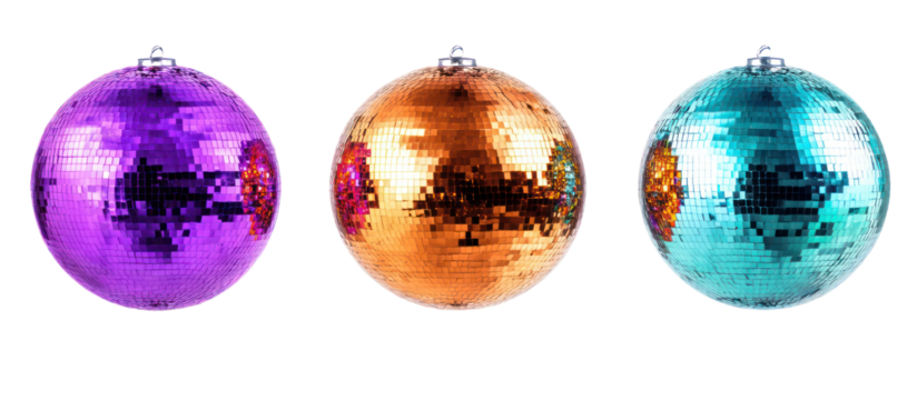 Three oval disco balls in purple orange and blue isolated on transparent background