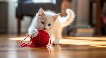 Playful kitten playing with red yarn ball on a sunny wood floor evoking themes of innocence and home comfort suitable for pet product ads