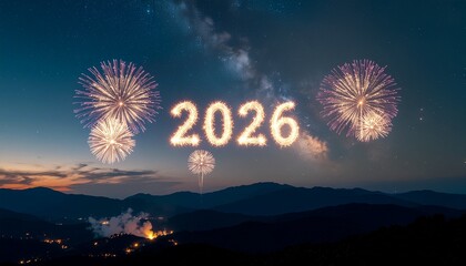 Night landscape Style Happy New Year 2026 Background with Elegant Script and Vibrant Colors
