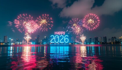 New Year fireworks 2026 in night city skyline, festive background