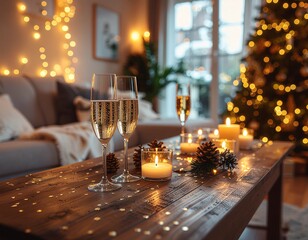 Elegant Christmas dinner table setup with candles, christmas tree and festive decorations