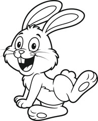 Cartoon rabbit coloring page, playful bunny outline, smiling expression, kids activity, black and white, hopping pose, cheerful character design