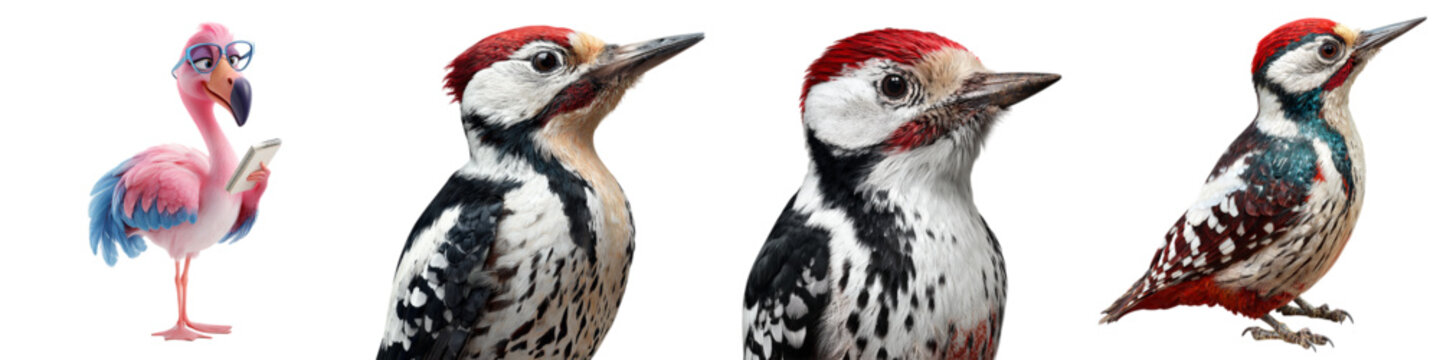 Whimsical flamingo reading beside realistic woodpeckers offers a unique blend of fantasy and nature, ideal for storybooks, educational materials, and captivating designs