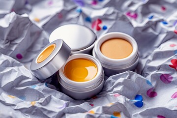 Two small jars of orange-colored cosmetic cream are arranged on crumpled paper decorated with colorful dots.