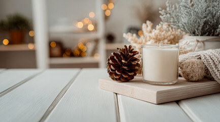 Cozy winter candle and pinecone decor on white table
