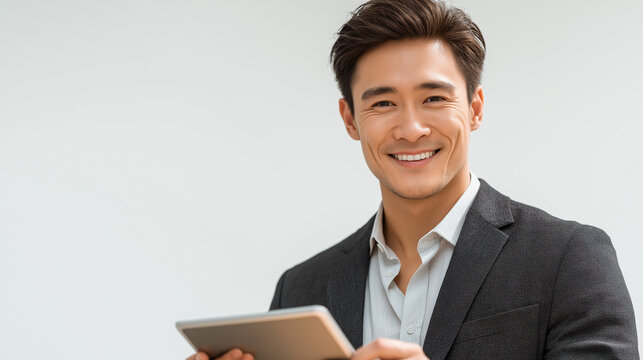 Business Portrait: A confident and successful professional stands with a modern tablet, dressed in formal attire, exudes a sense of capability, innovation, and expertise.