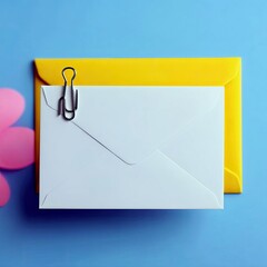 A white envelope secured with a metal clip rests on a yellow envelope, set against a vibrant blue backdrop.
