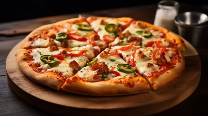 Delicious Chicken Pizza with Jalape&Atilde;&plusmn;os and Red Peppers on a Rustic Wooden Board