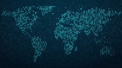 Binary world map illustration can be used in cybersecurity visuals, global data networks, digital communication projects, and information technology concepts