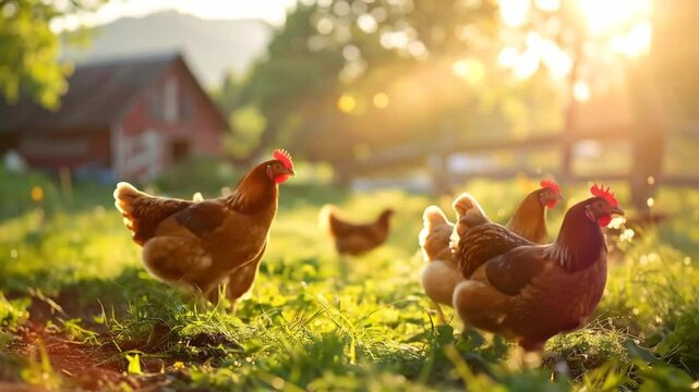 Chickens on farm at sunset.