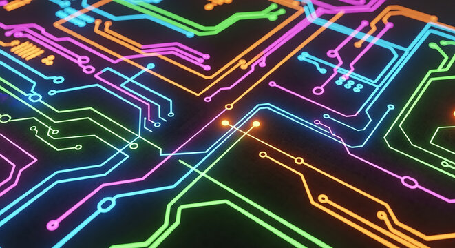 Glowing circuit board lines representing digital data flow