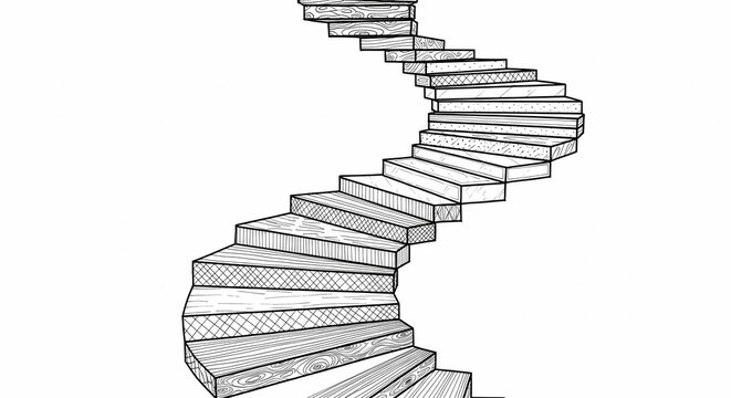 Spiral staircase illustration, a classic architectural element rendered in a sketch style, symbolizing ascent and progress