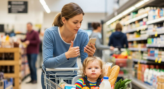 Mother and child grocery shopping using smartphone