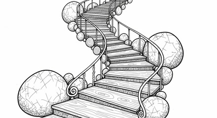 Whimsical Staircase Illustration A Journey Upwards with Stone Accents and a Curved Design