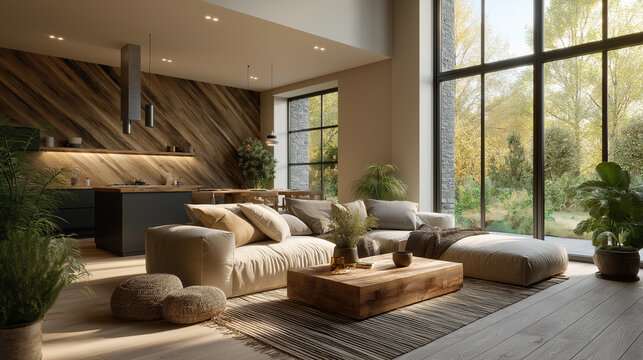 Serene Modern Living Room: A light-filled living space exudes comfort and style, featuring natural wood elements, plush furnishings, and expansive windows framing a view of the vibrant outdoors.
